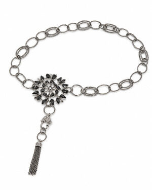 Silver Tone Chain Belt Necklace Floral Medallion Tassel Rhinestone Convertible